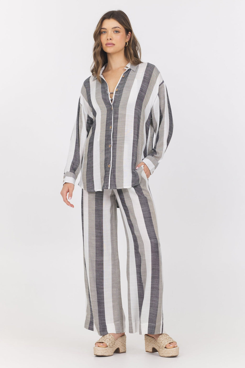 Lightweight Metallic Stripe Button Down