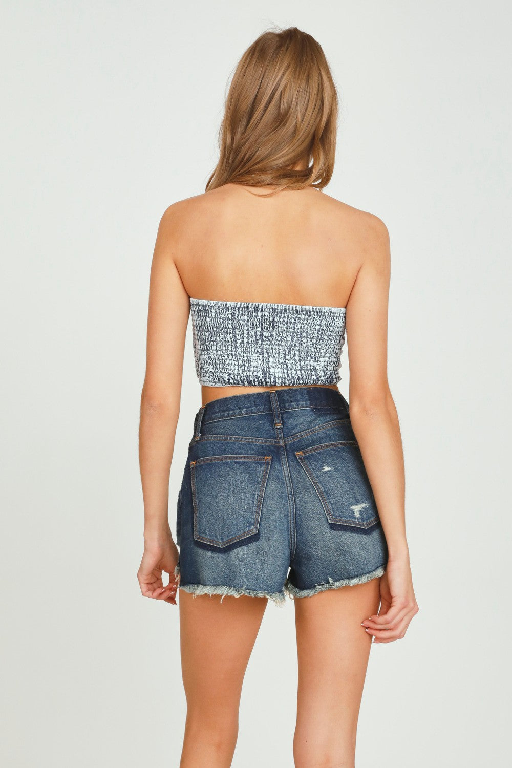 Washed Denim Tie Front Bandeau Top