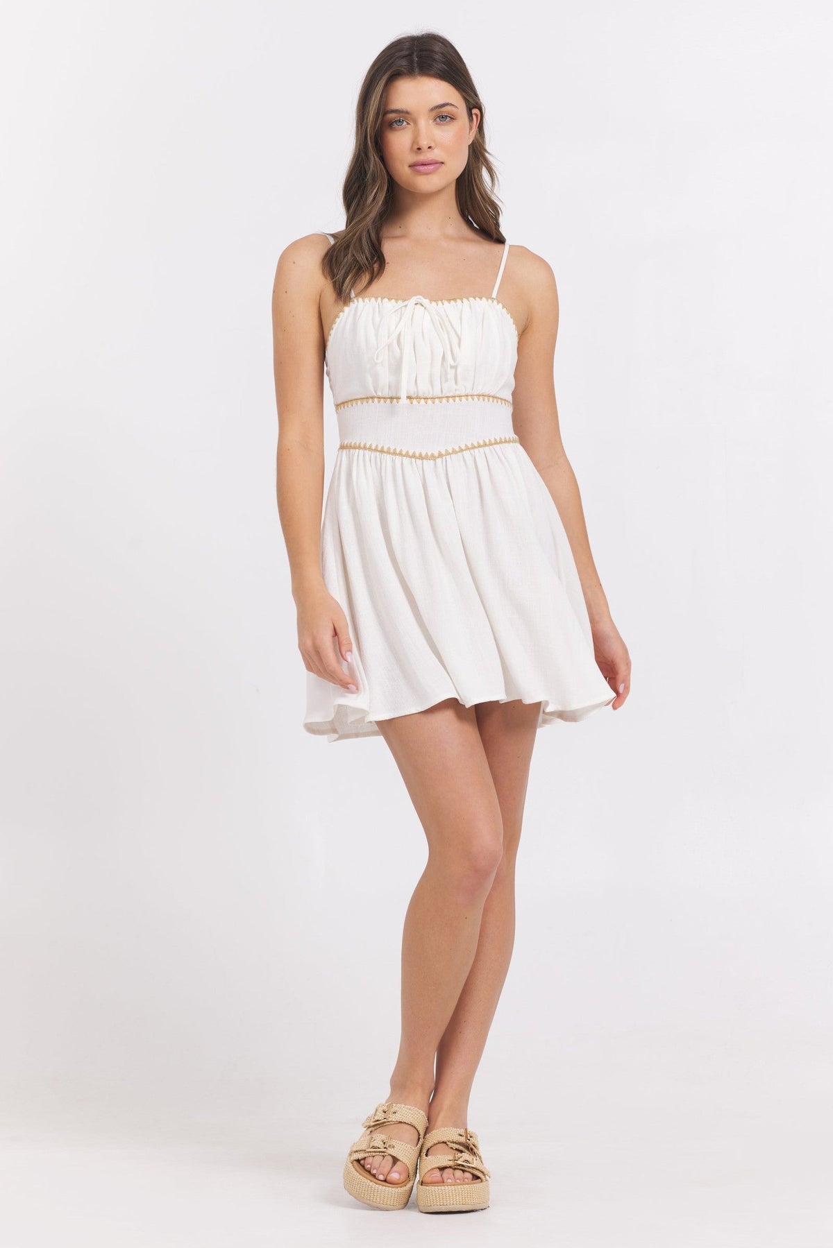 White Mini Dress w/ Tan Whip Stitch