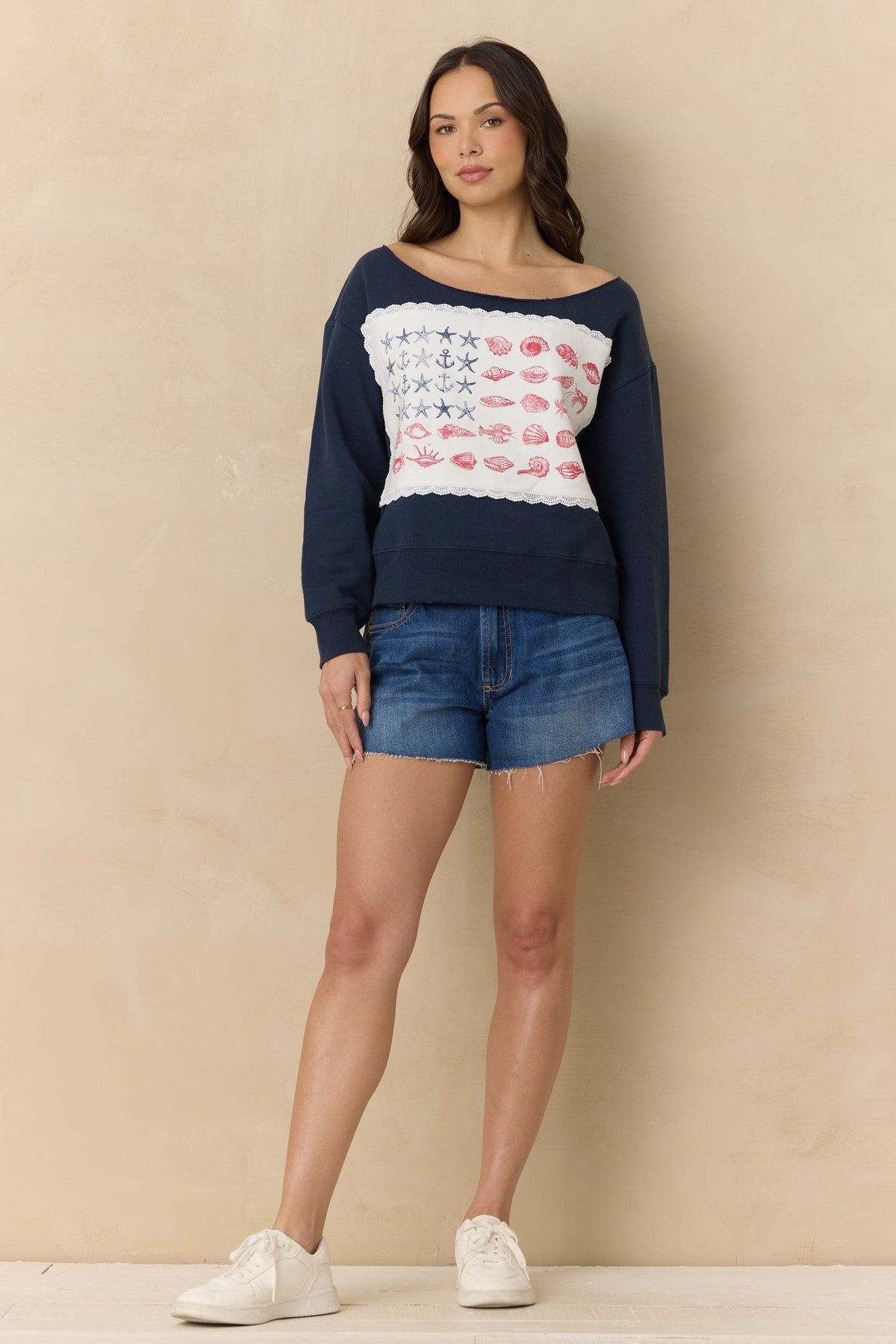 Off the Shoulder Sweatshirt with Coastal Flag