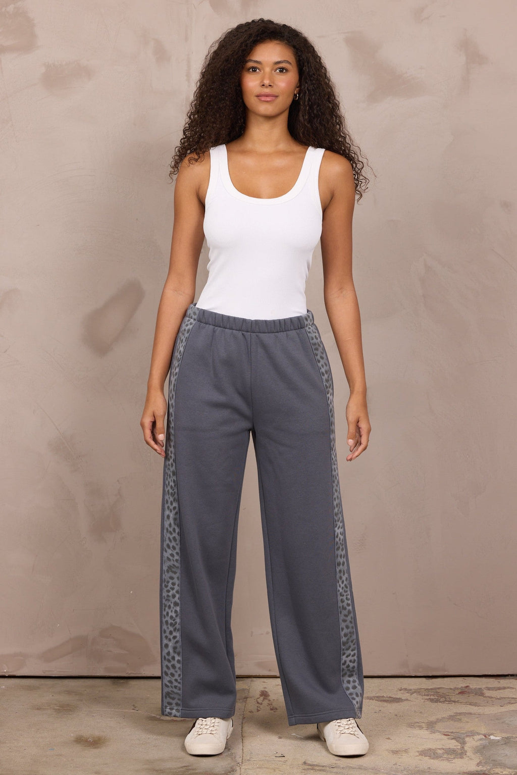 Fleece Wide Leg Pant w/ Leopard Trim