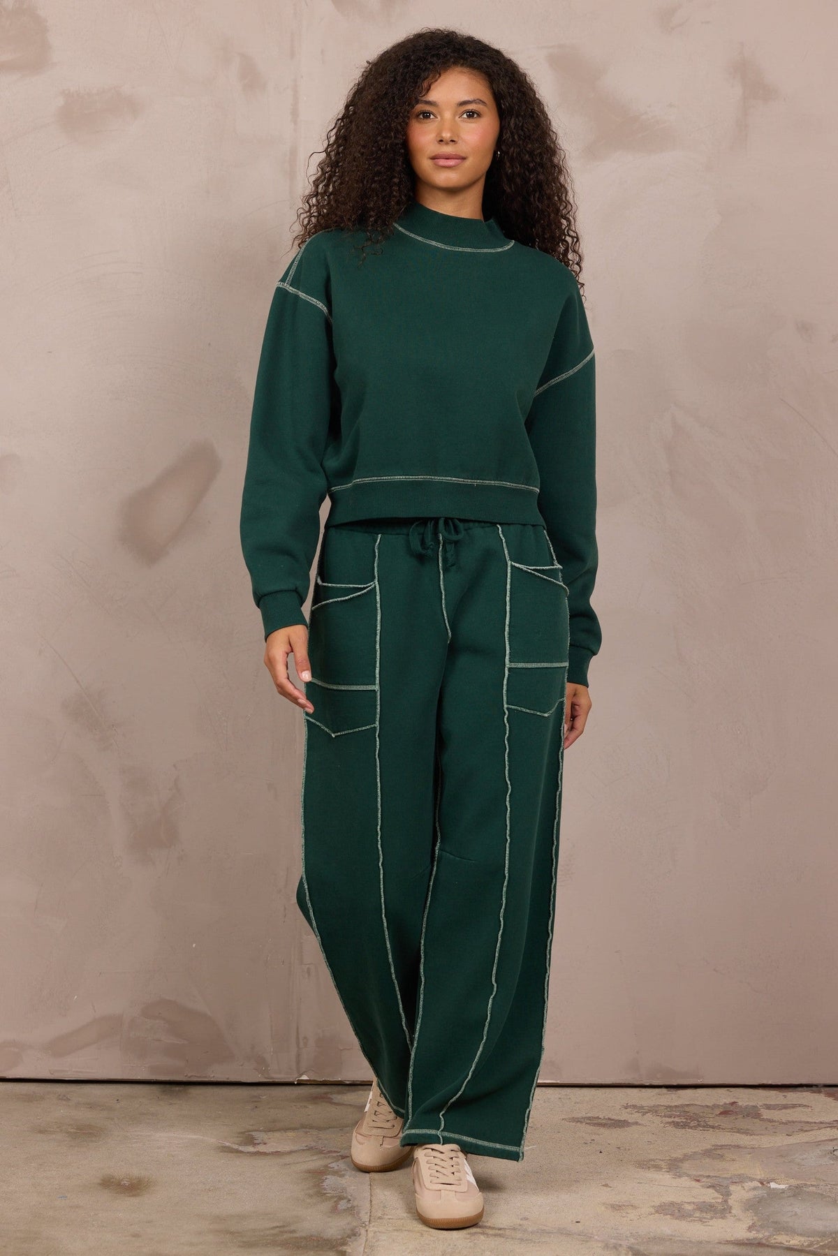 Garment Dye Mockneck 2-Piece Set in Pine Green w/ Ivory