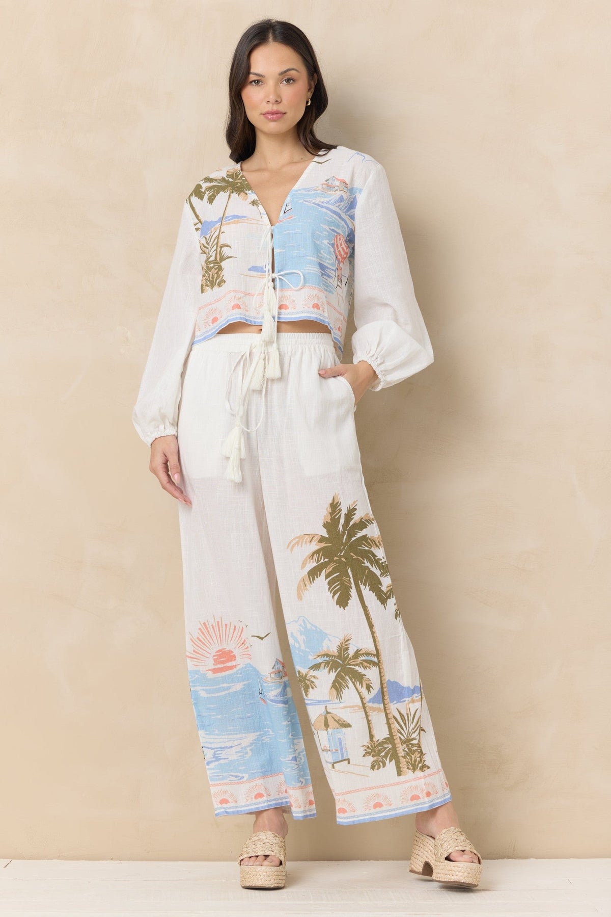 Printed Linen Wide Leg Pant