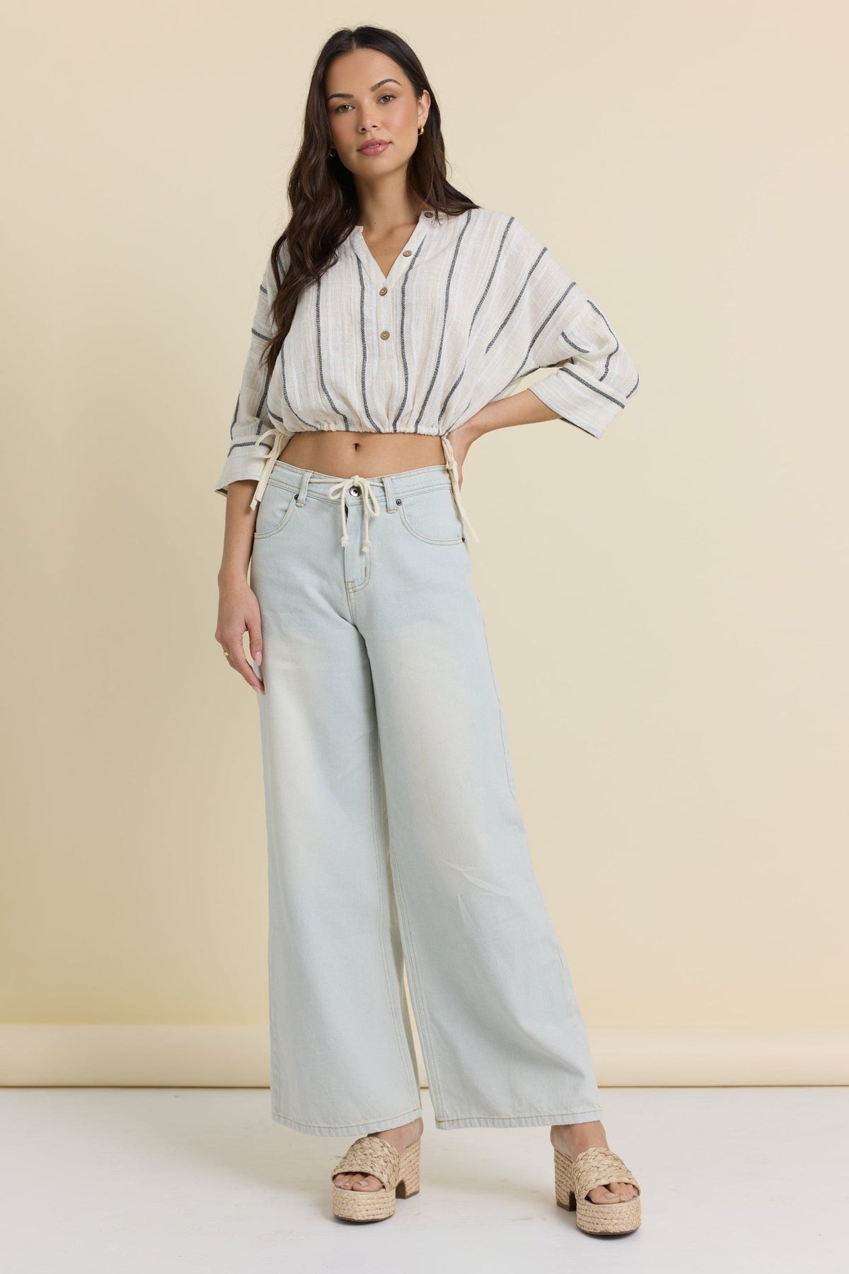 Button Front Short Sleeve Top - Khaki Stripe