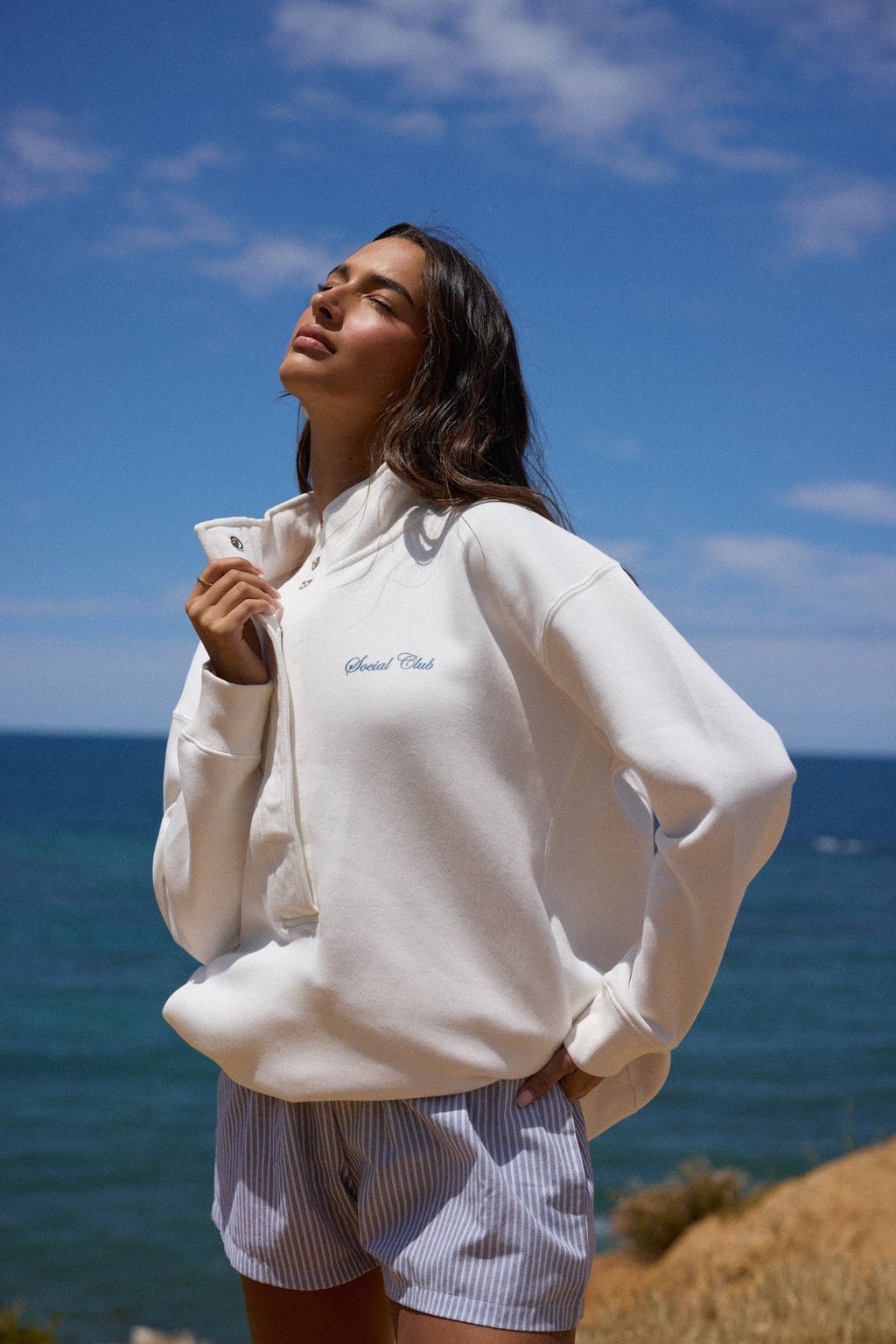 "Social Club" 3/4 Button Sweatshirt - Coconut