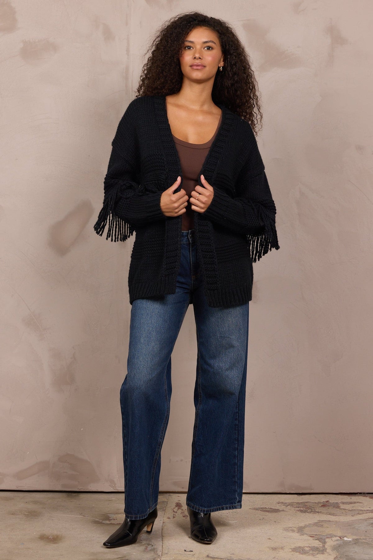 Cable Knit Cardigan W Fringe