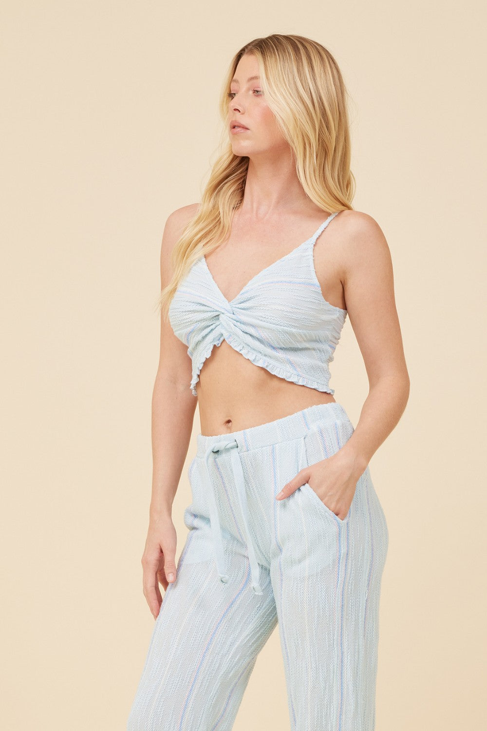 Soft Blue w/ Mixed Stripes Textured Cropped Tank