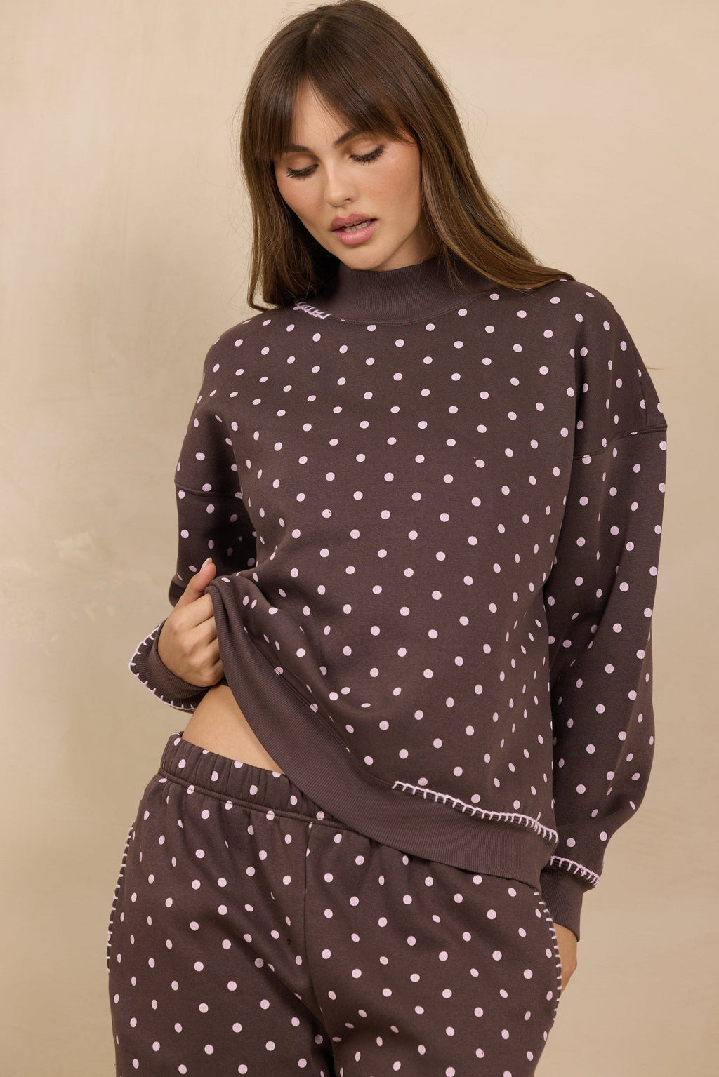 Printed Essential Fleece Mockneck & Pant Set W/ Whipstitch