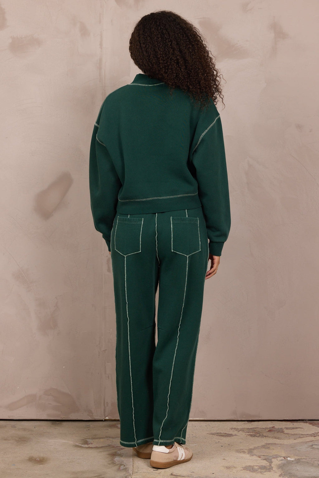 Garment Dye Mockneck 2-Piece Set in Pine Green w/ Ivory