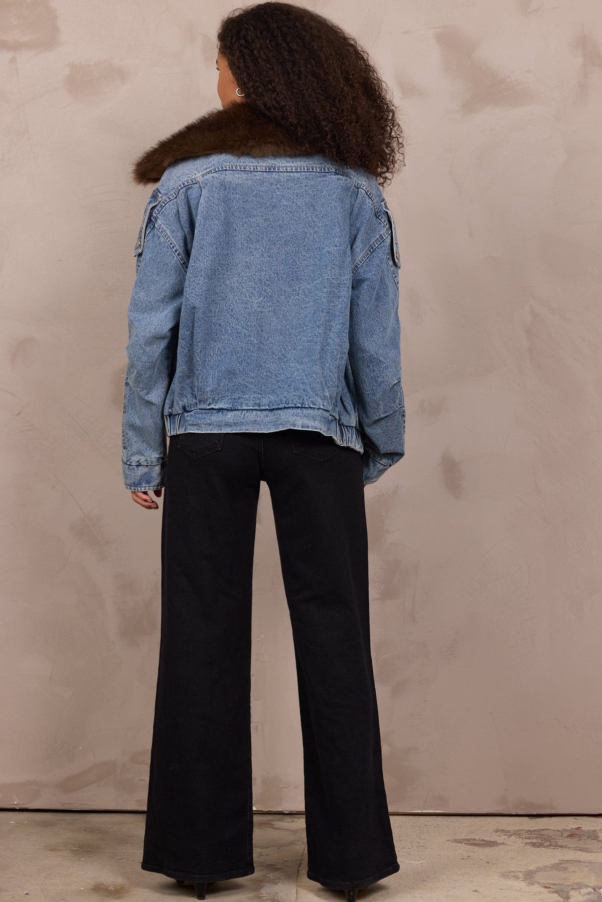 Denim Jacket with Removable Fur Collar