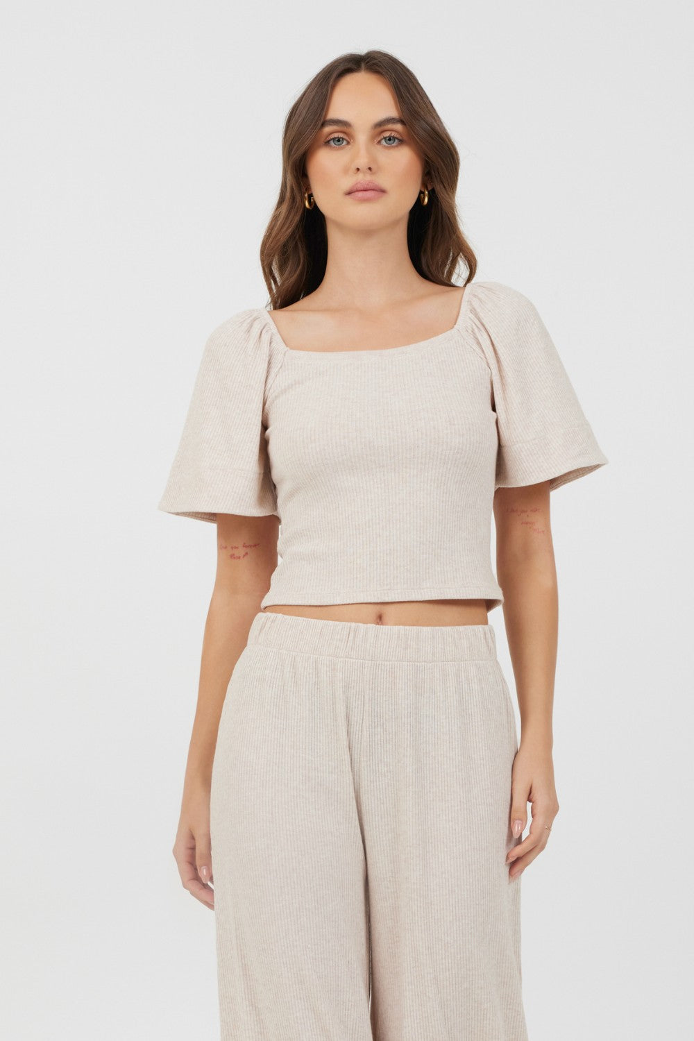 Heather Oatmeal Drapey Knit Puff Sleeve Top