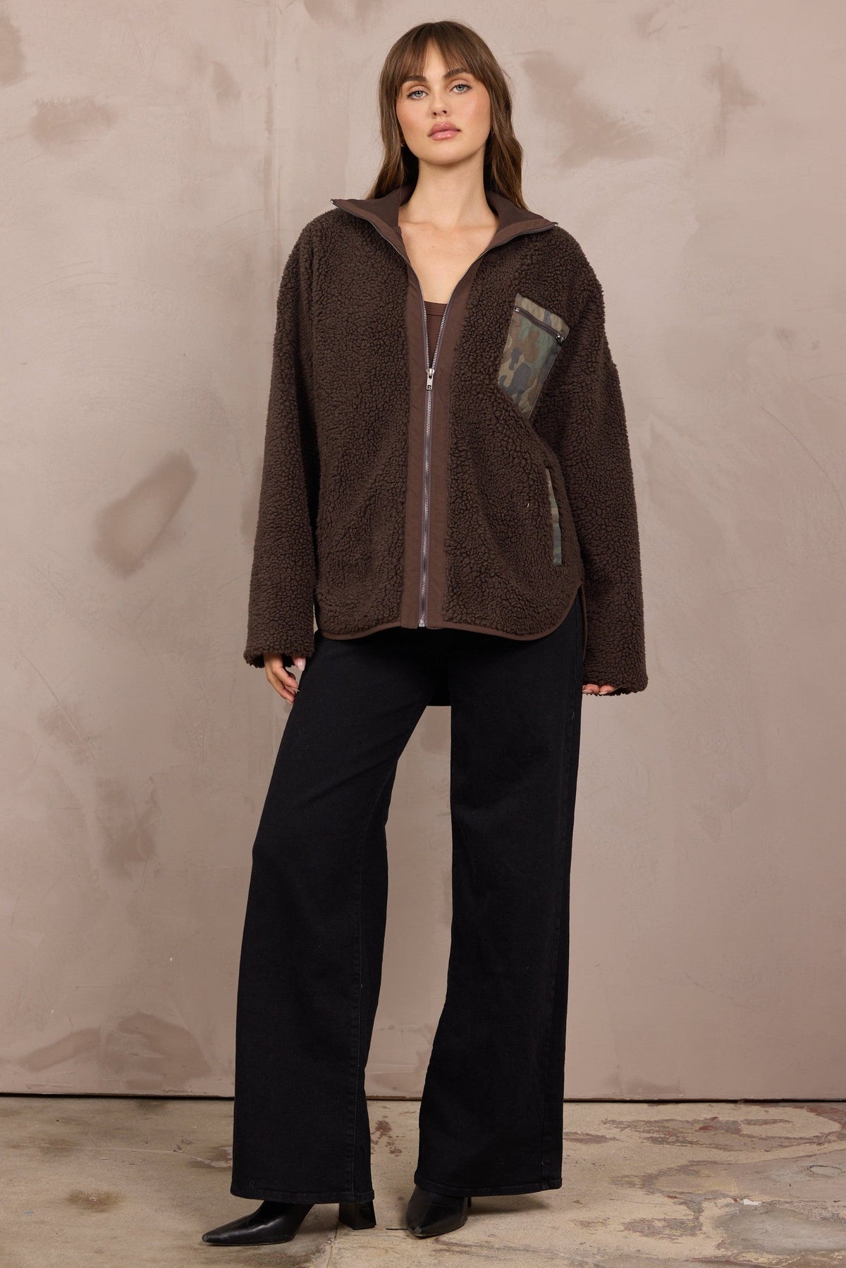 Brown Shearling Zip Front Jacket