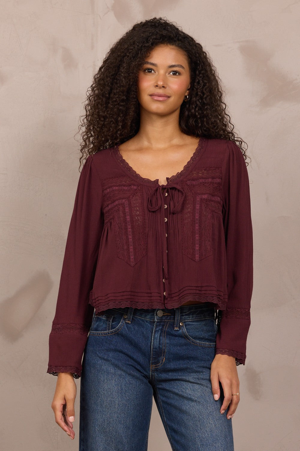 Wine Long Sleeve Blouse w/ Lace Detail