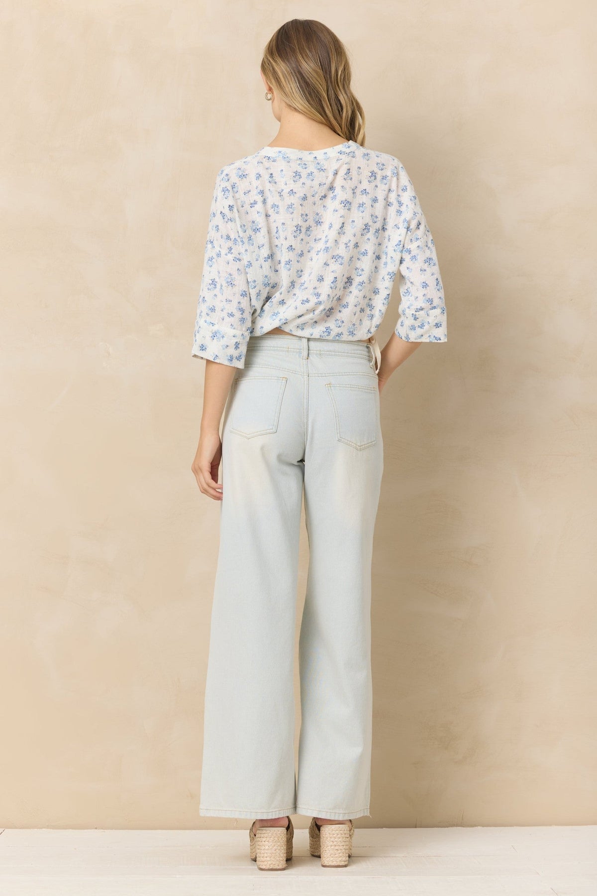 Button Front Short Sleeve Top - Blue Ditsy Floral
