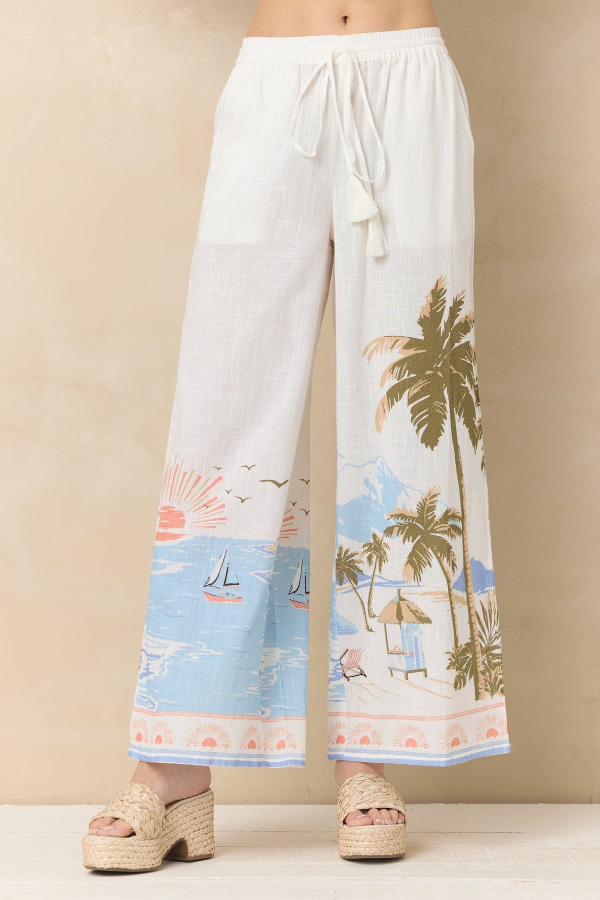 Printed Linen Wide Leg Pant