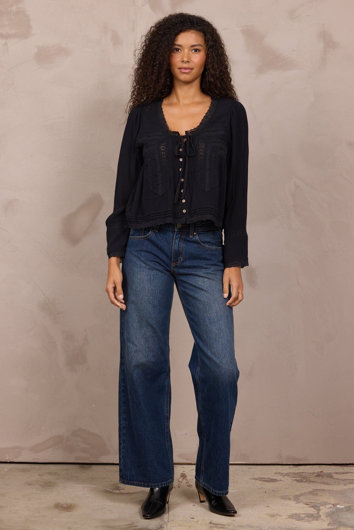 Black Long Sleeve Blouse w/ Lace Detail