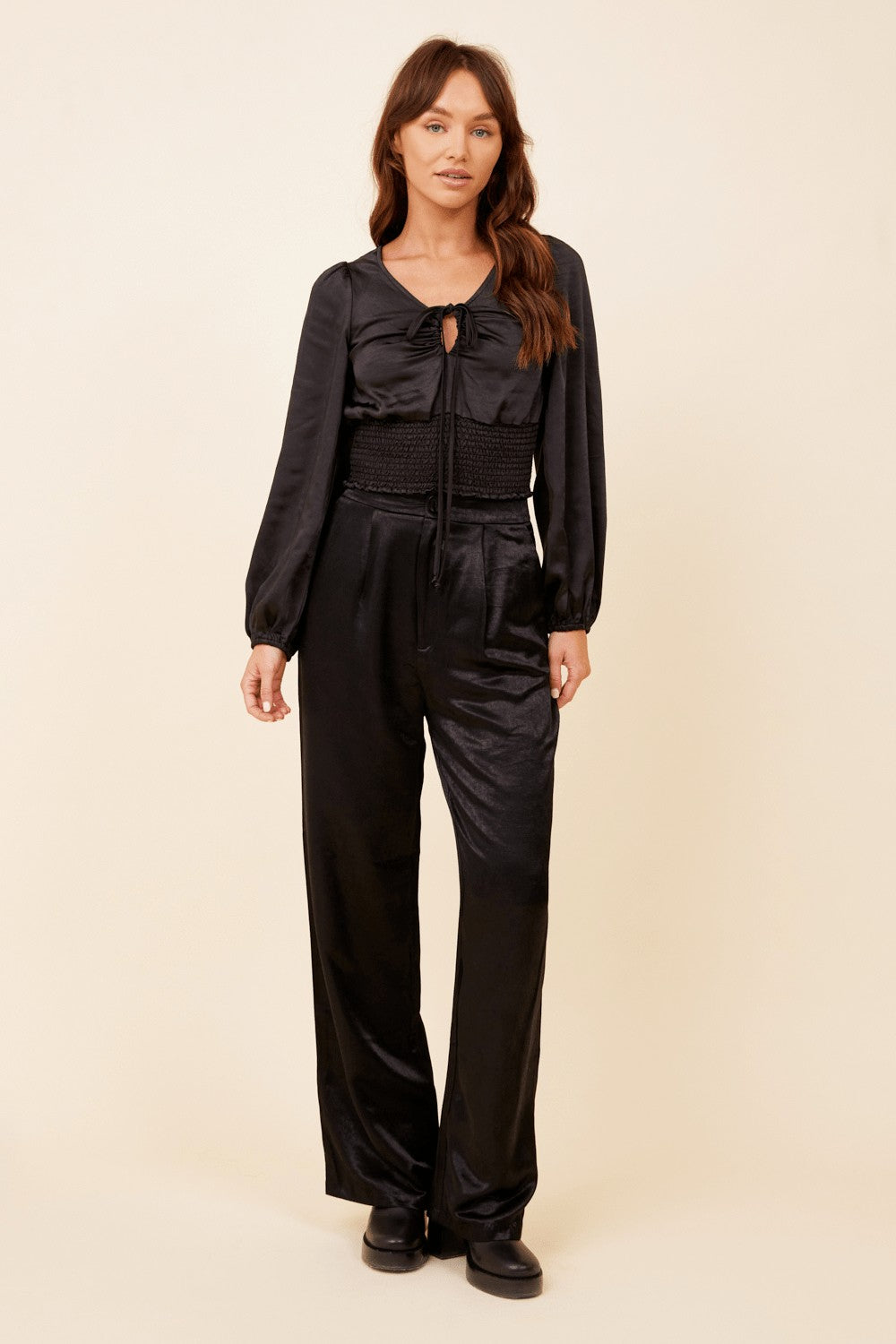 Black Heavy Satin Criss Cross Blouse