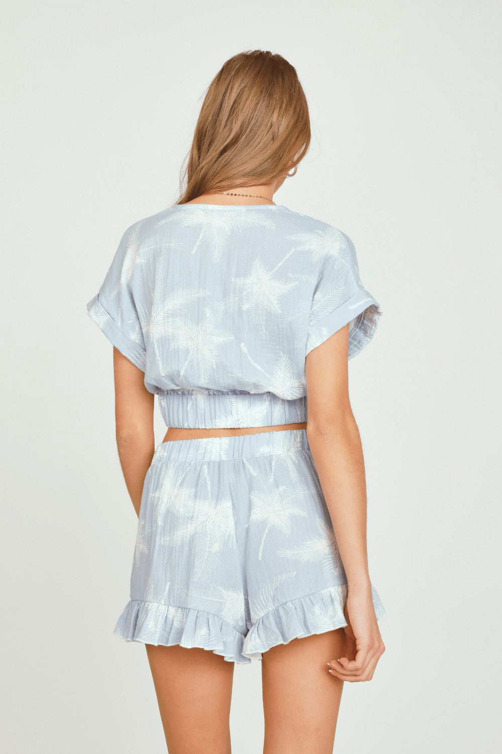 Blue w/ White Palm Trees Printed Gauze Twist Front Top