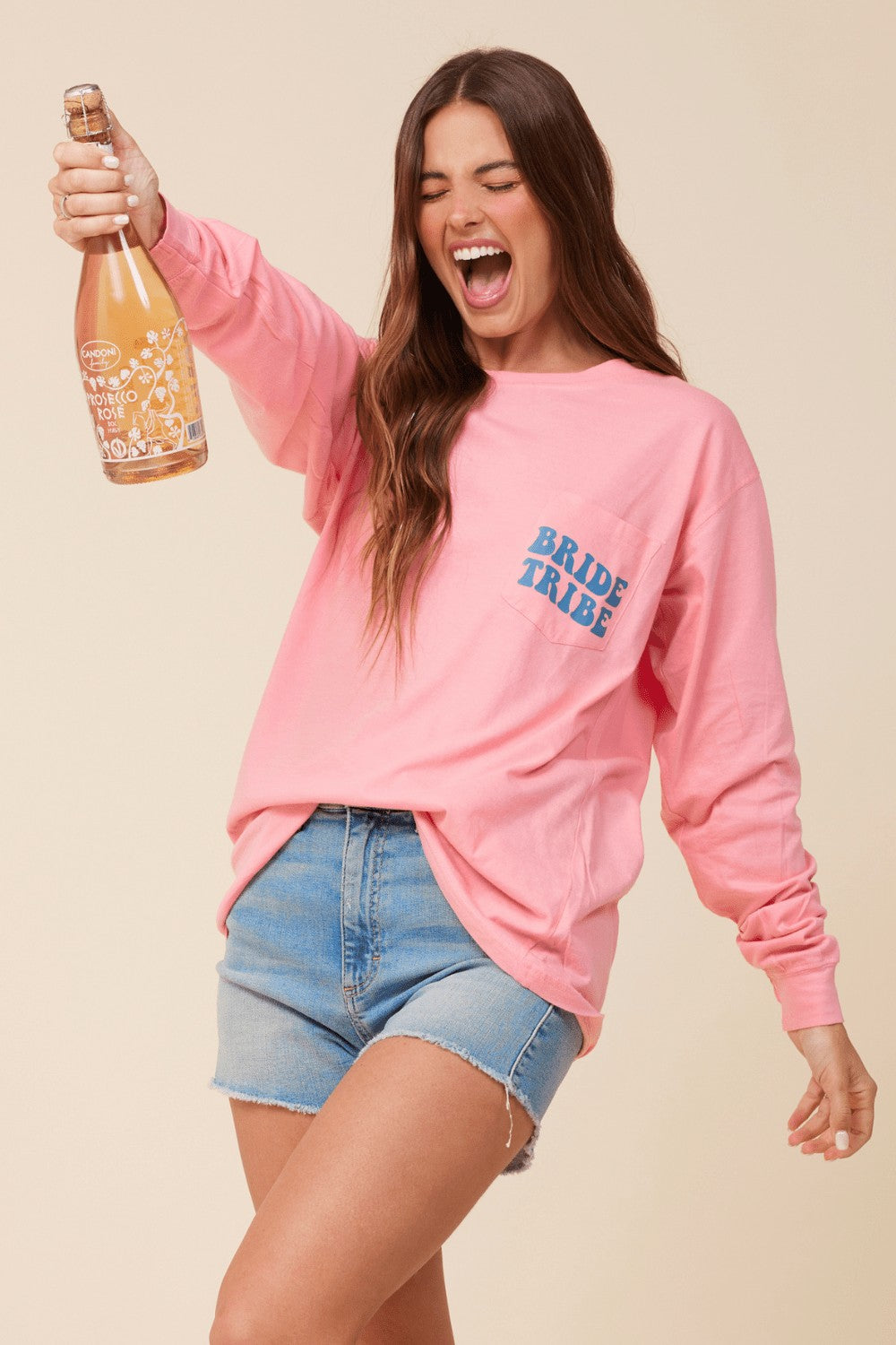 "Bride Tribe" Sunset Pink Wash Long Sleeved Pocket Tee