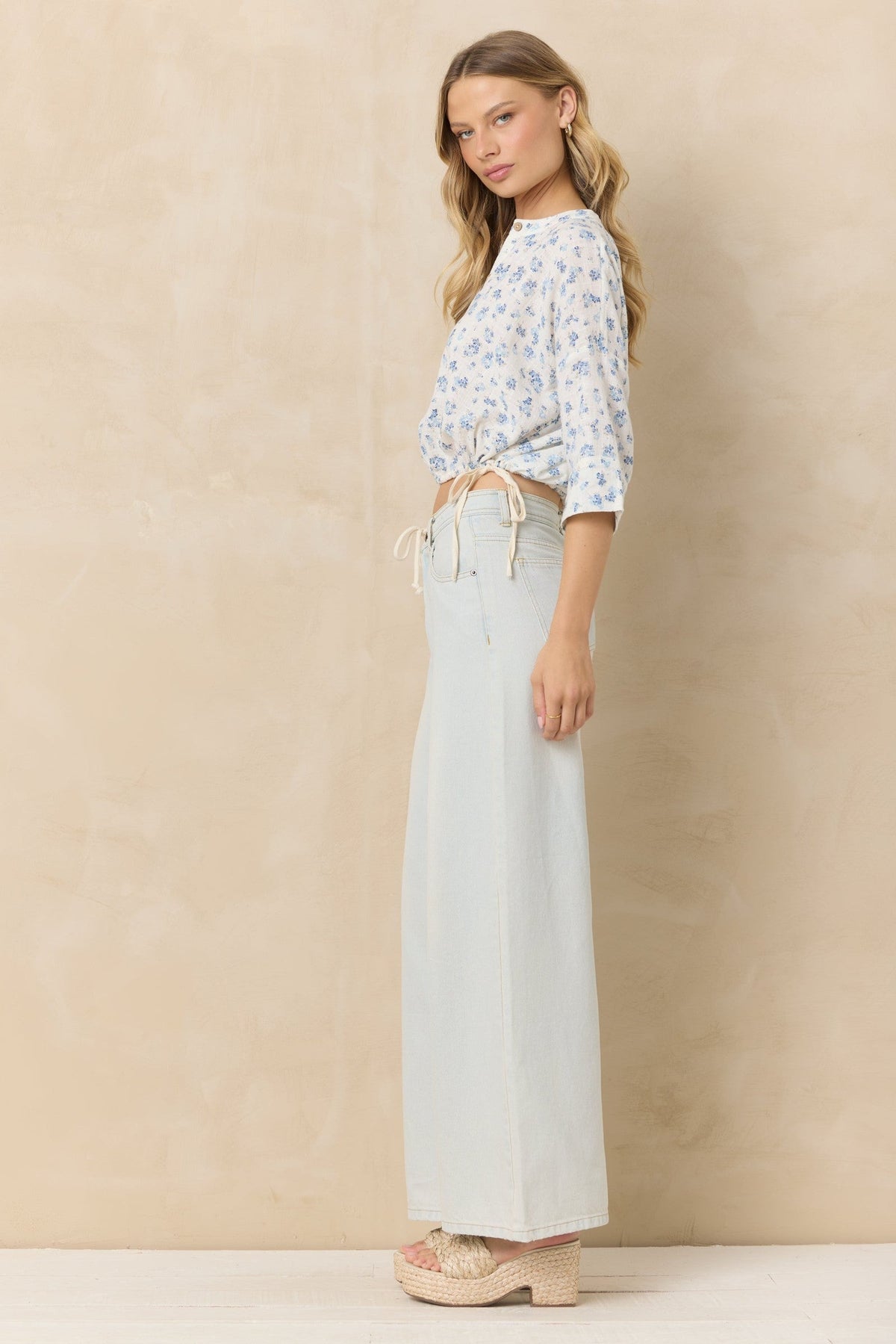 Button Front Short Sleeve Top - Blue Ditsy Floral