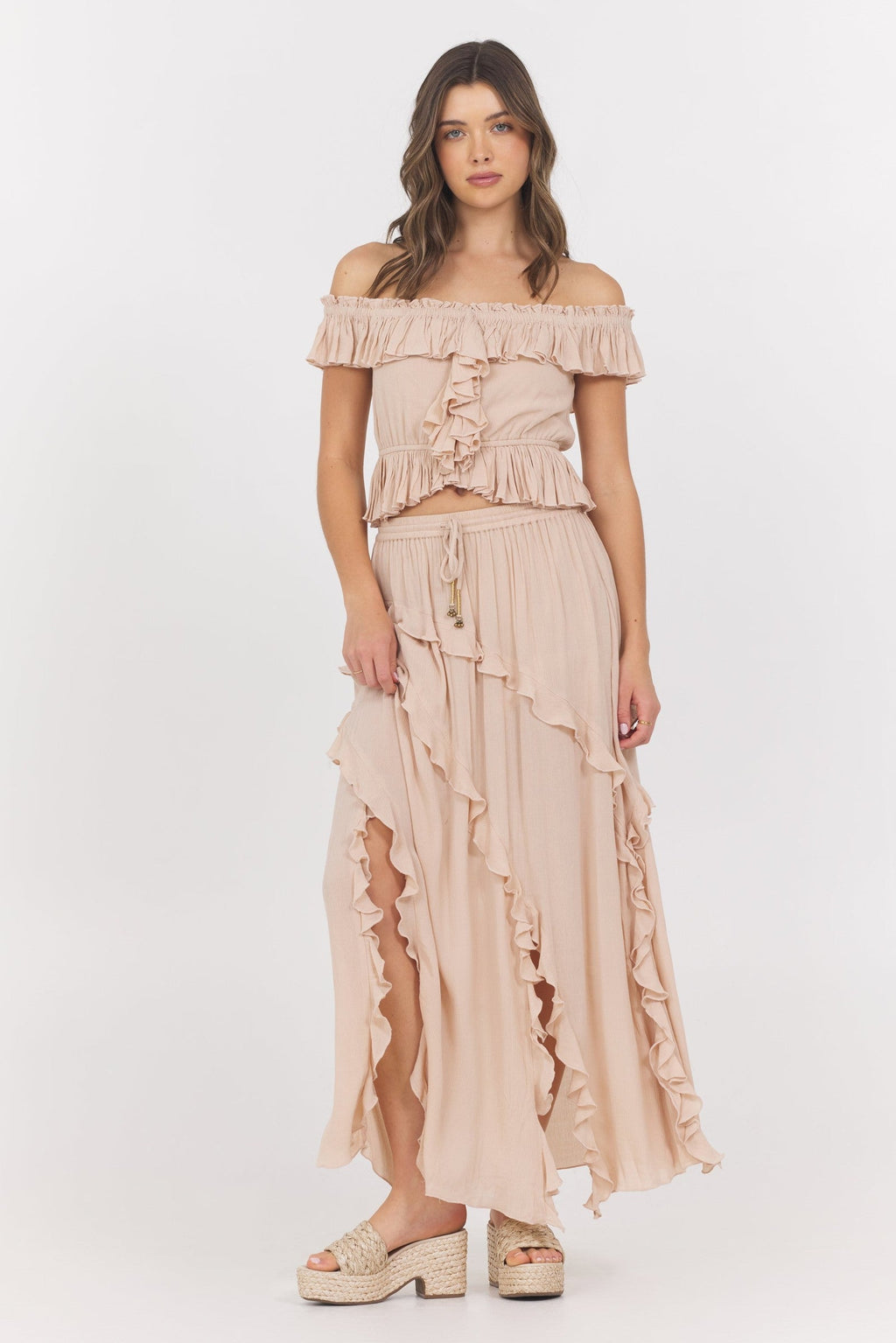 Champagne Toast Ruffle Off Shoulder Top