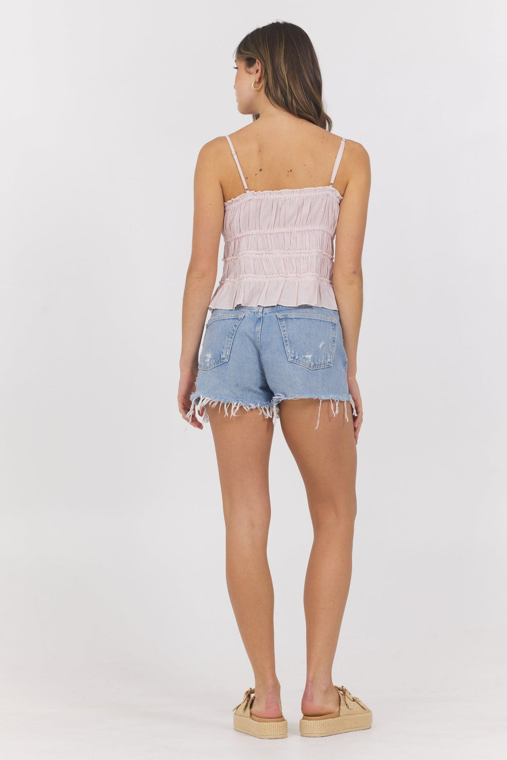 Strawberry Pinstripe Woven Ruffle Top