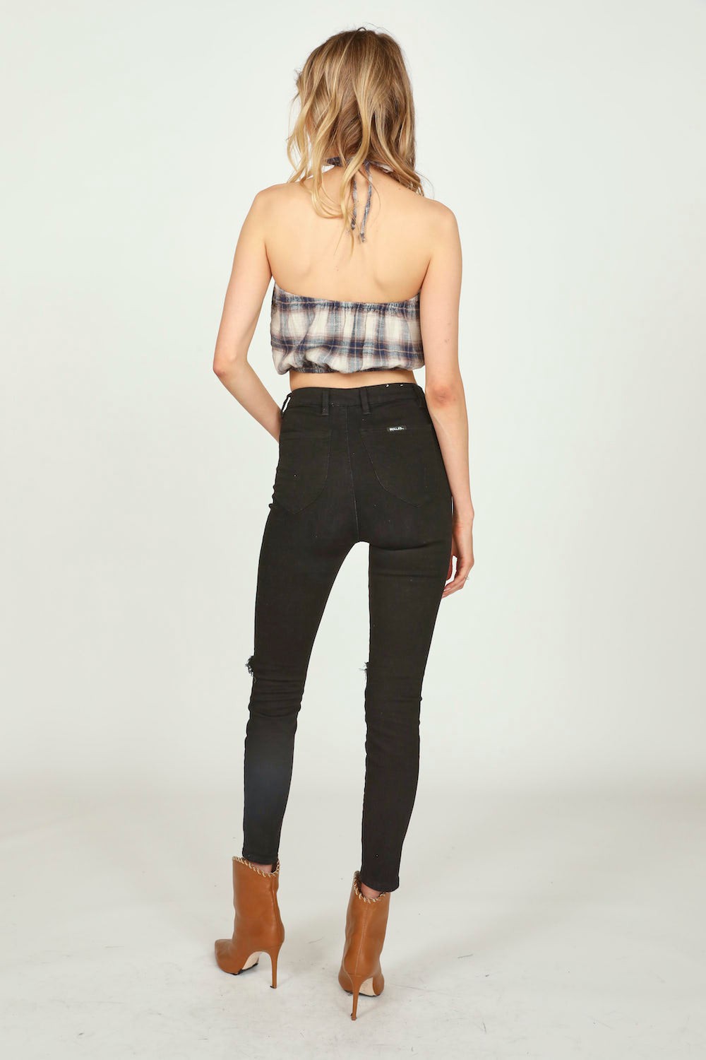 Sand/Navy Plaid Flannel Halter Bandeau