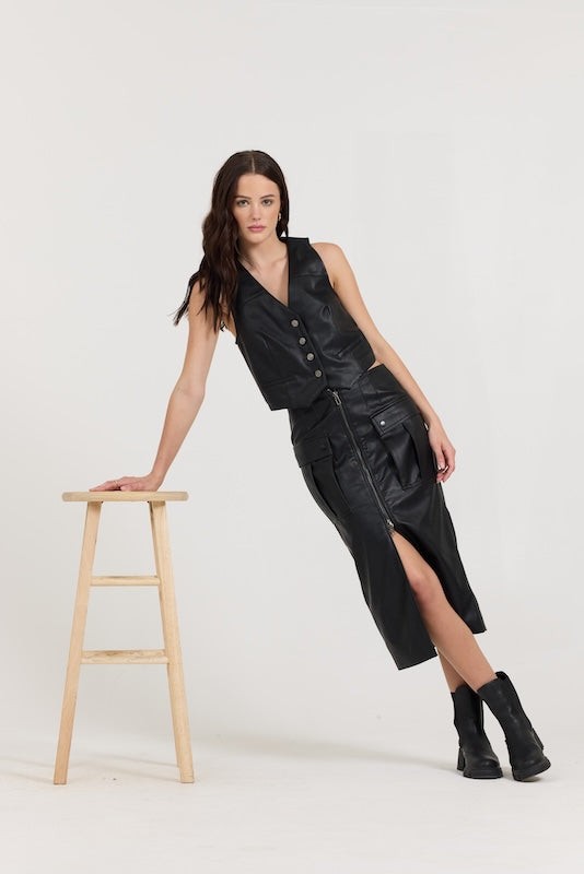 Black Leather Button Front Vest
