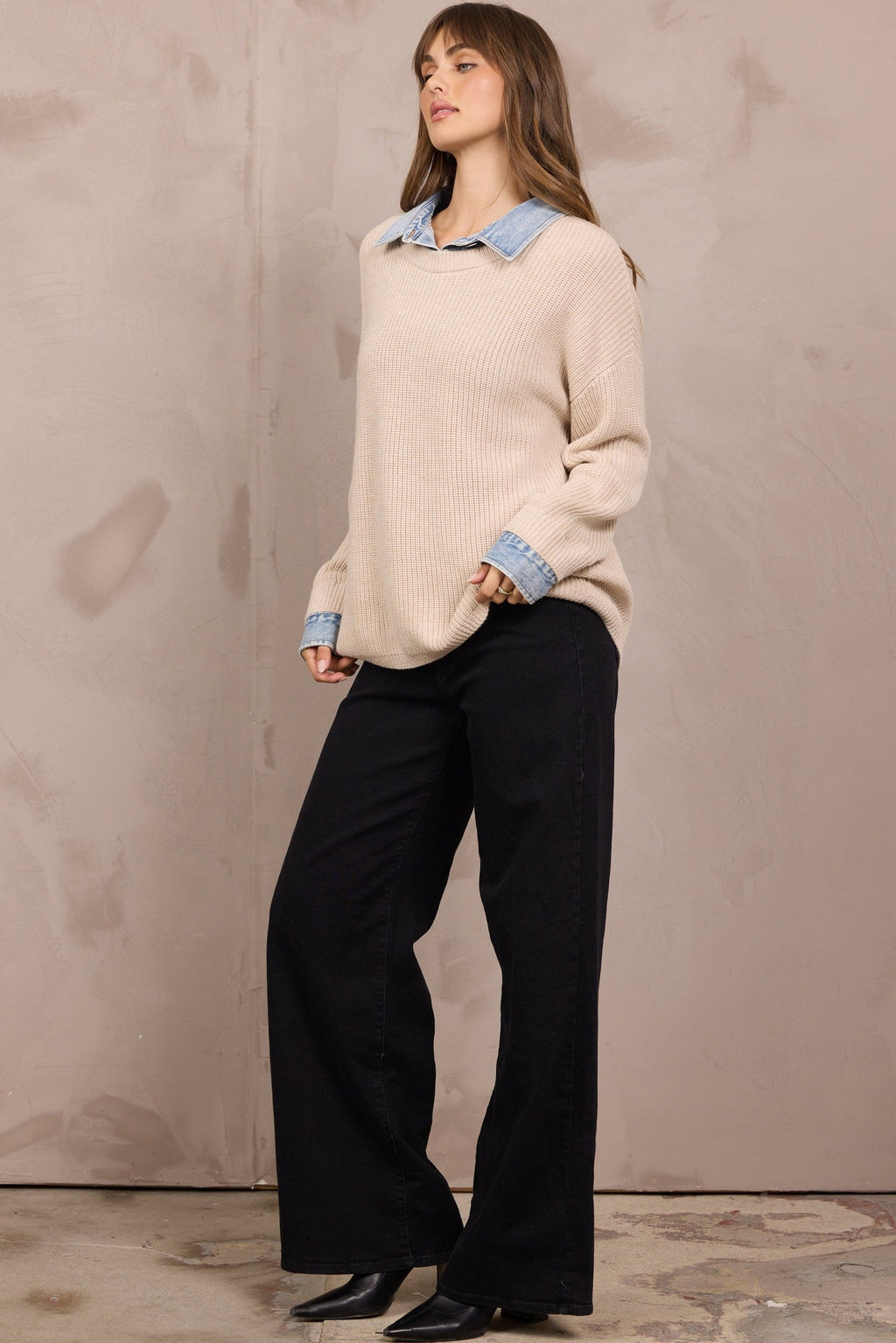 Sweater w/ Denim Collar/Cuff