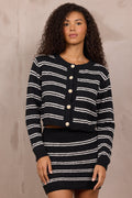 Stripe Knit Cardigan Sweater & Skirt Set - Black w/ white