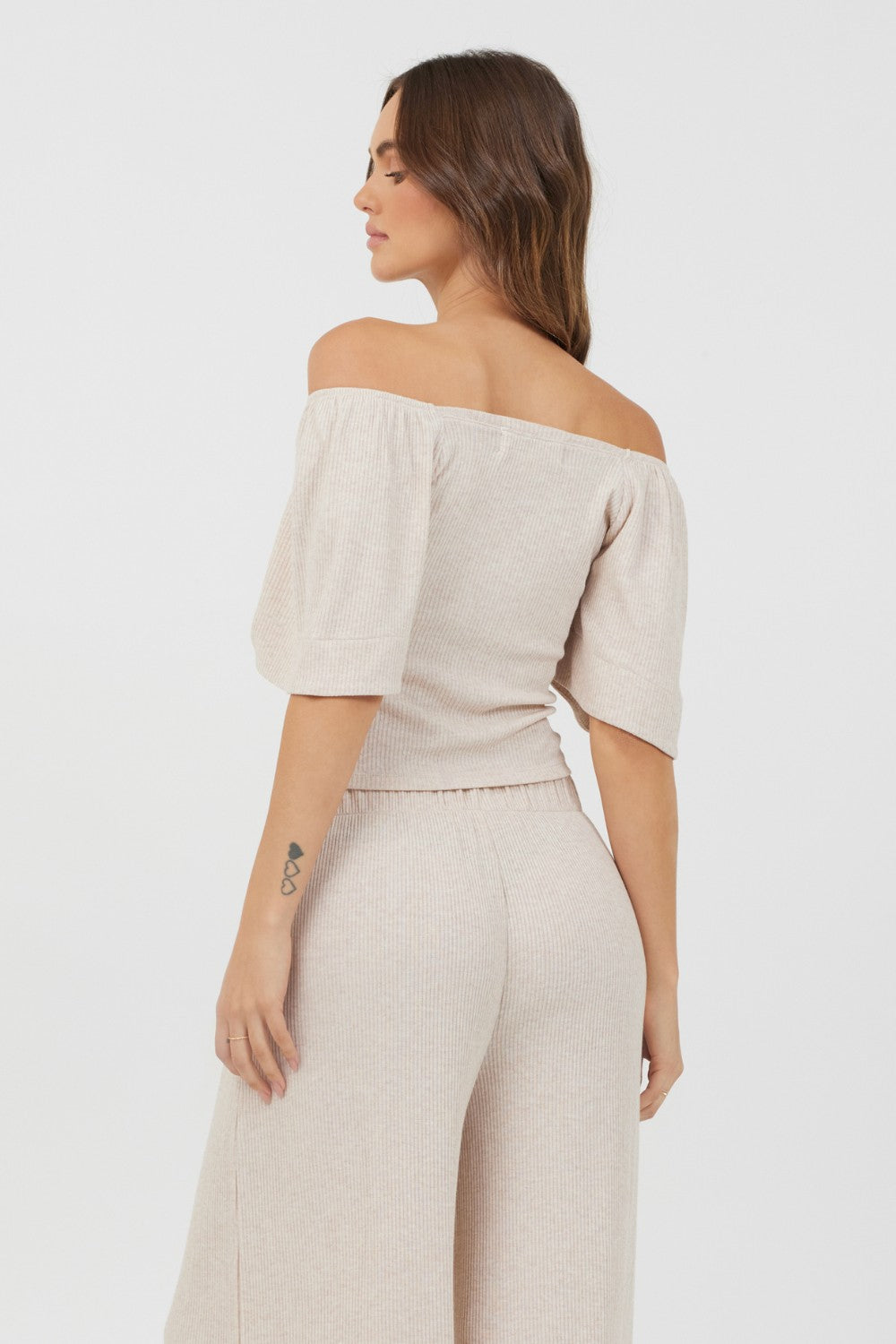 Heather Oatmeal Drapey Knit Puff Sleeve Top