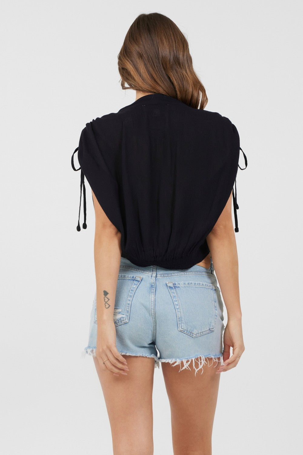 Black Rayon Crinkle Surplice Top
