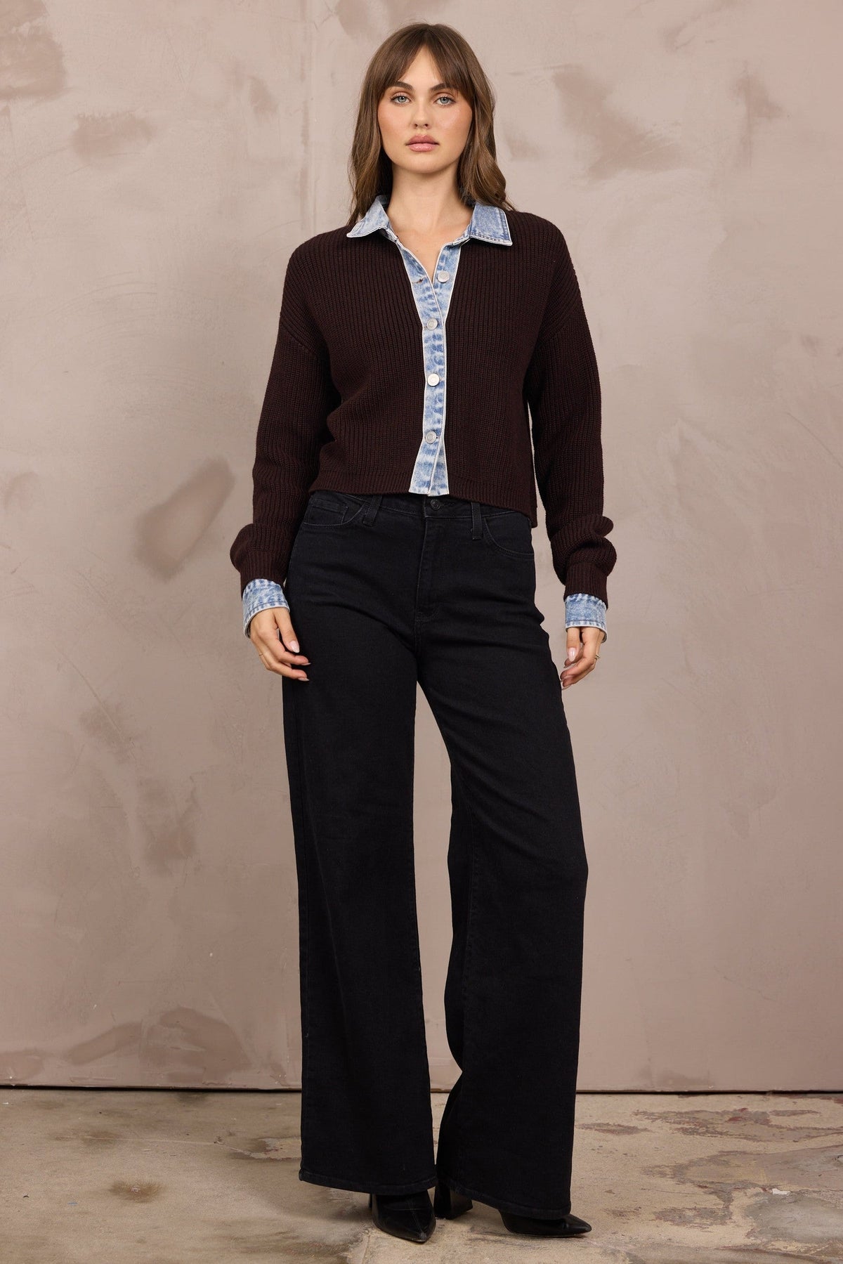 Button-Front Cardigan w/ Denim Collar/Cuff