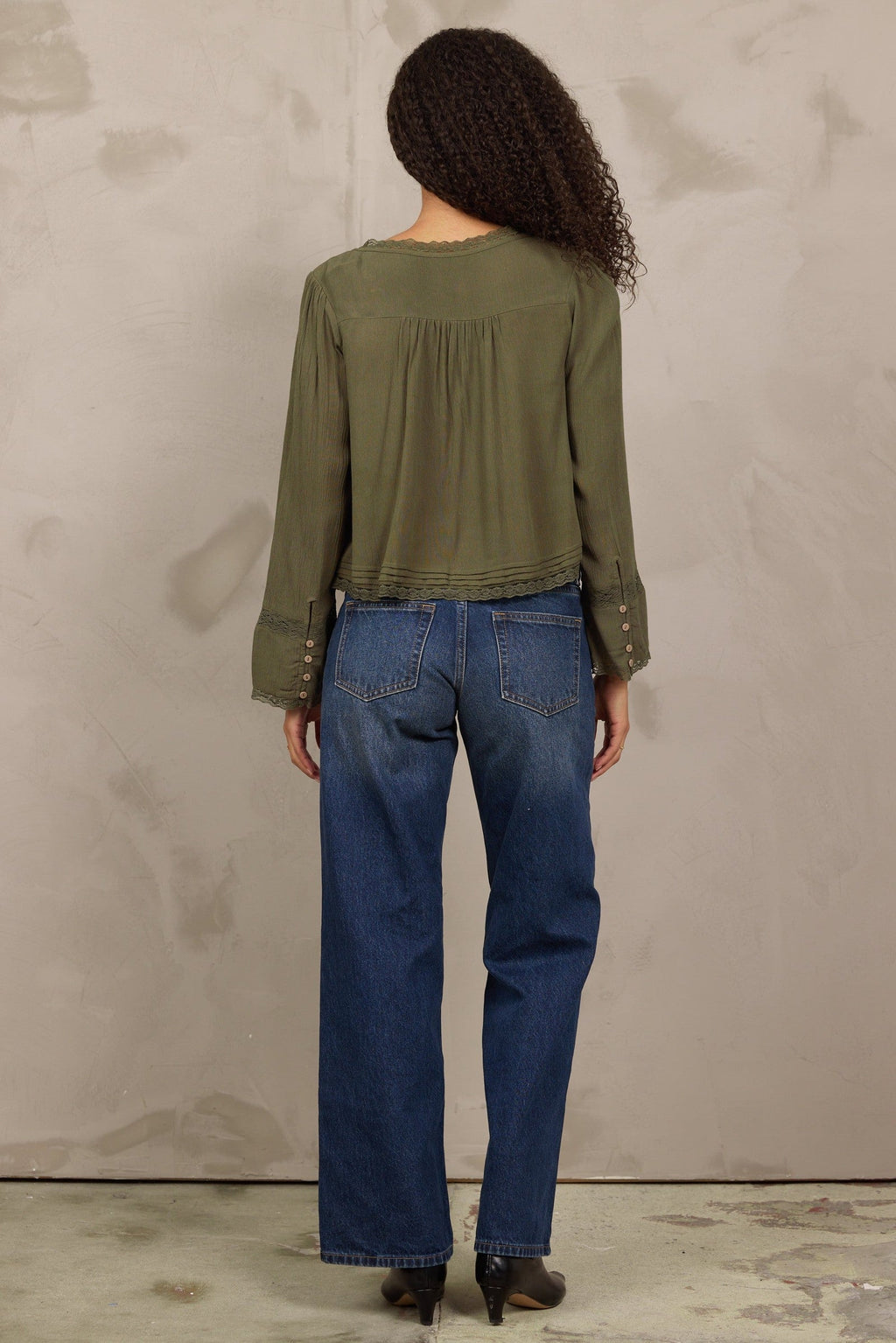 Olive Long Sleeve Blouse w/ Lace Detail