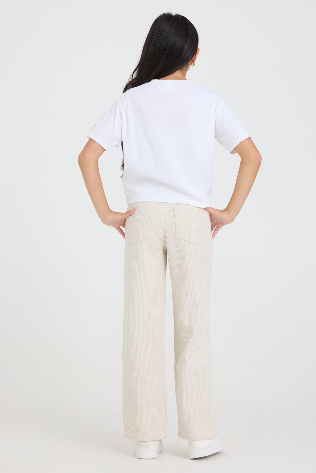 Kids Ivory Textured Pintuck Wideleg Pant with Drawstring