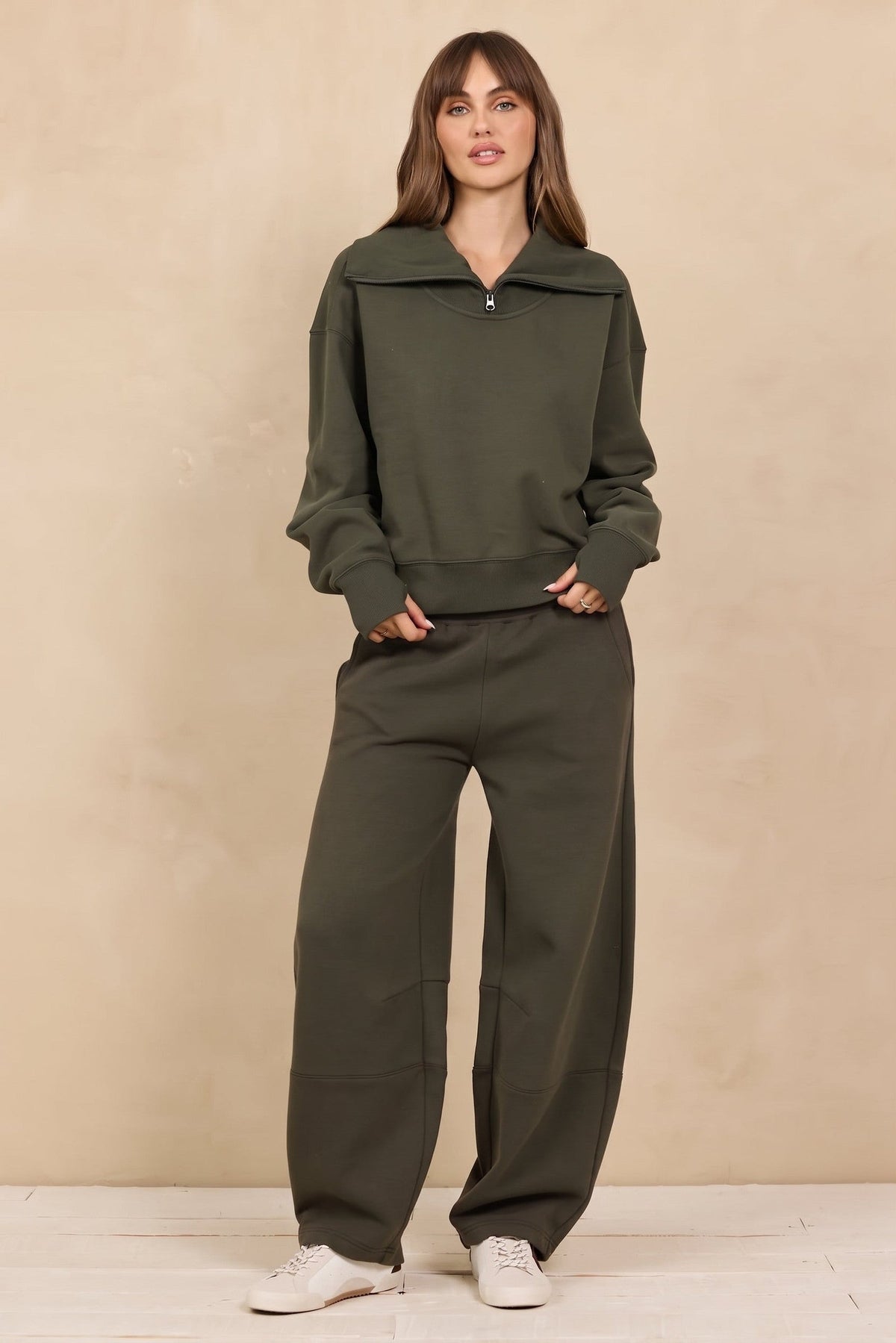 Soft Surf Wash Zippered Mockneck 2-Piece Set in Army Olive