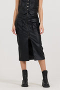 Black leather Zip Front Midi Skirt