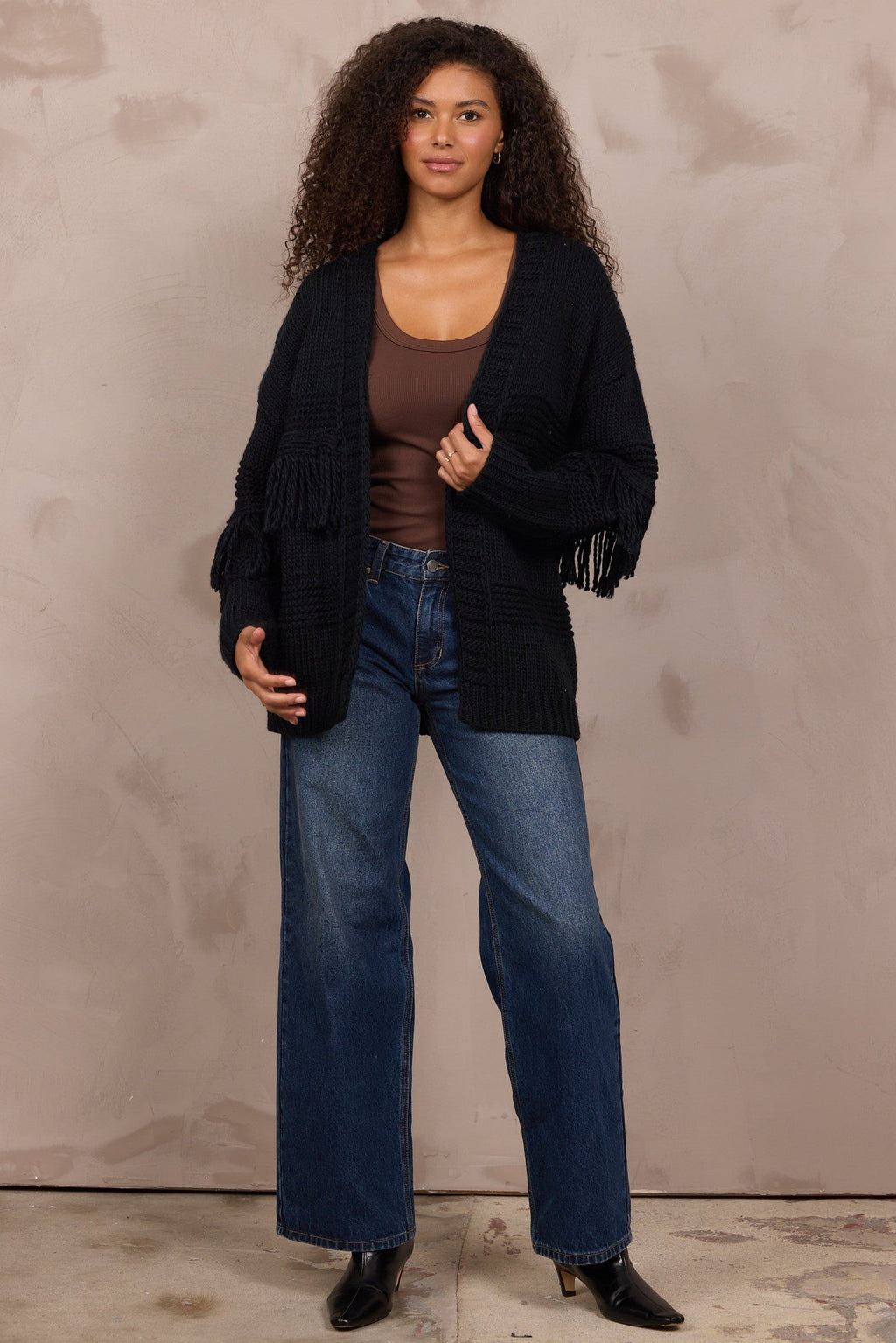 Cable Knit Cardigan W Fringe