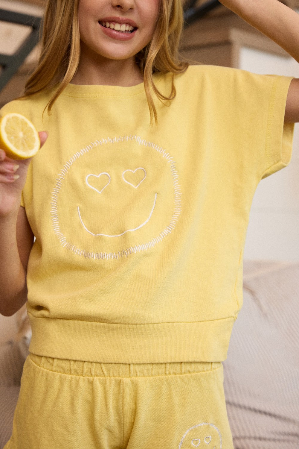Kids Garment Dye Off Shoulder Top with Smile Embroidery