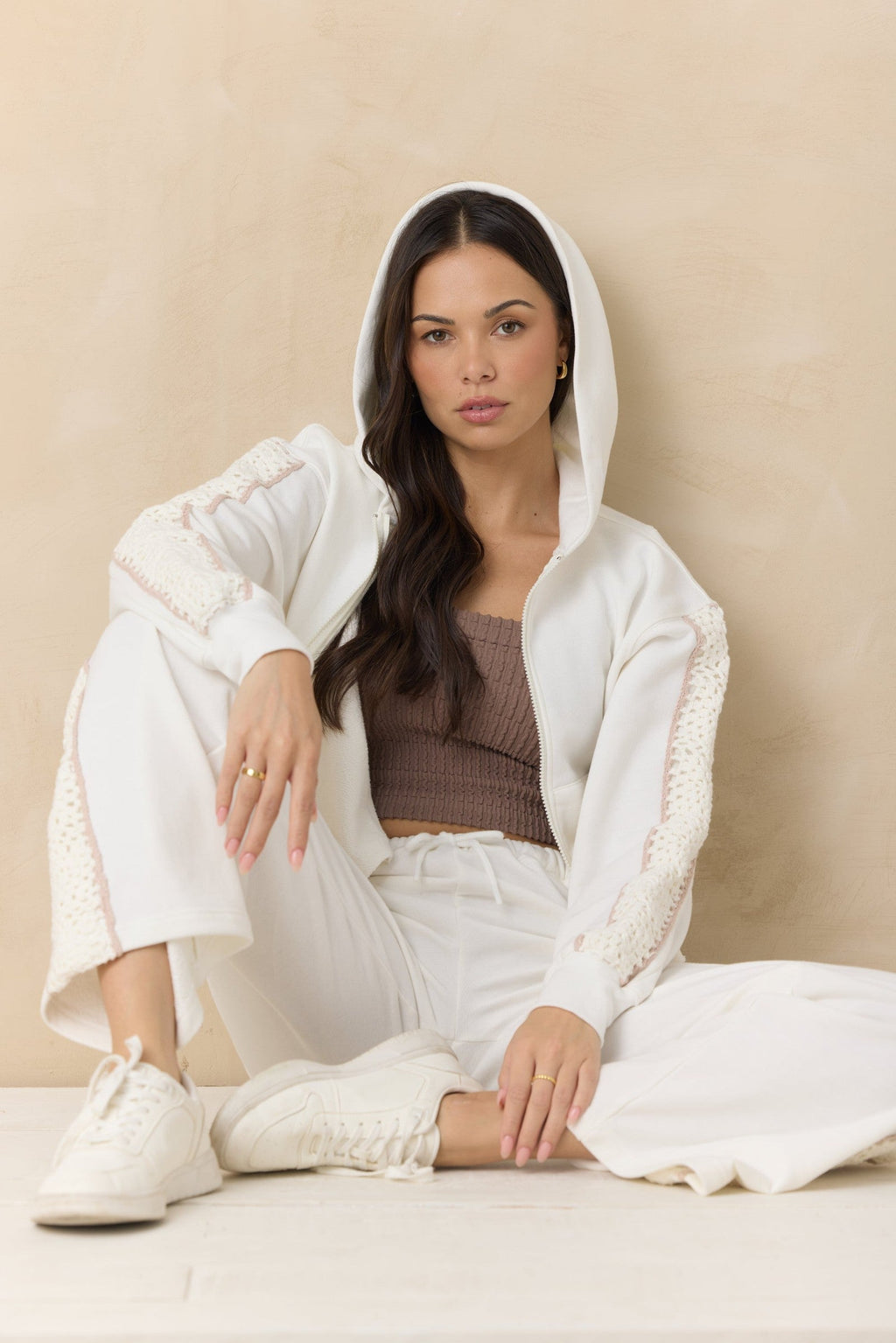 French Terry Zip-Up Sweatshirt with Square Crochet Insert