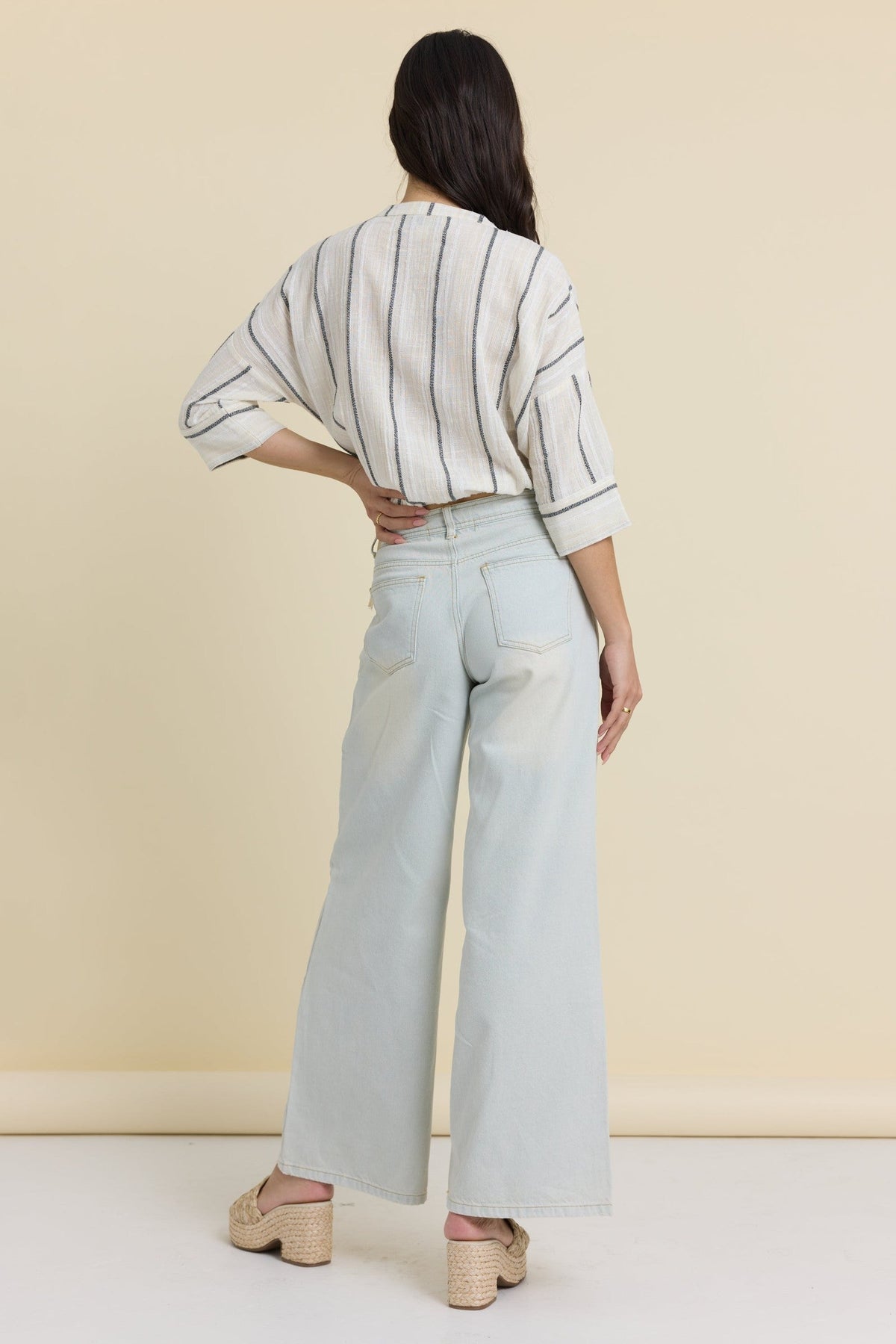 Button Front Short Sleeve Top - Khaki Stripe