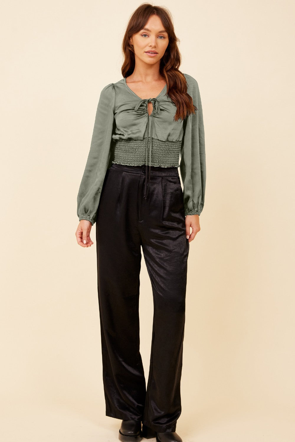 Silver Pine Heavy Satin Criss Cross Blouse