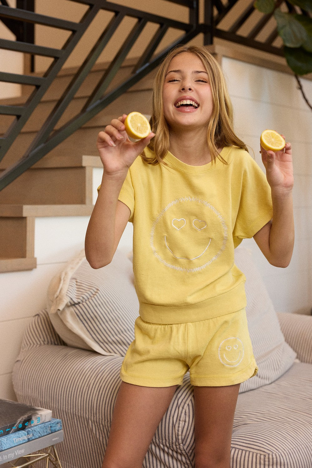 Kids Garment Dye Off Shoulder Top with Smile Embroidery