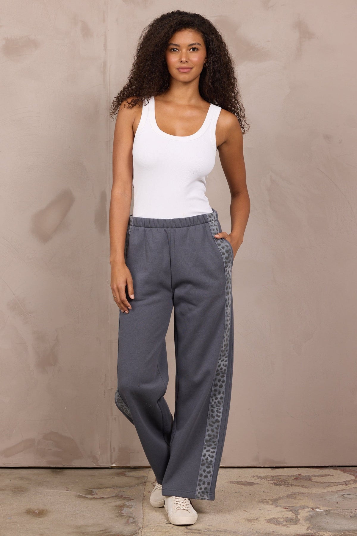 Fleece Wide Leg Pant w/ Leopard Trim