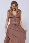 Washed Mocha Rayon Crinkle Flutter Sleeve Top