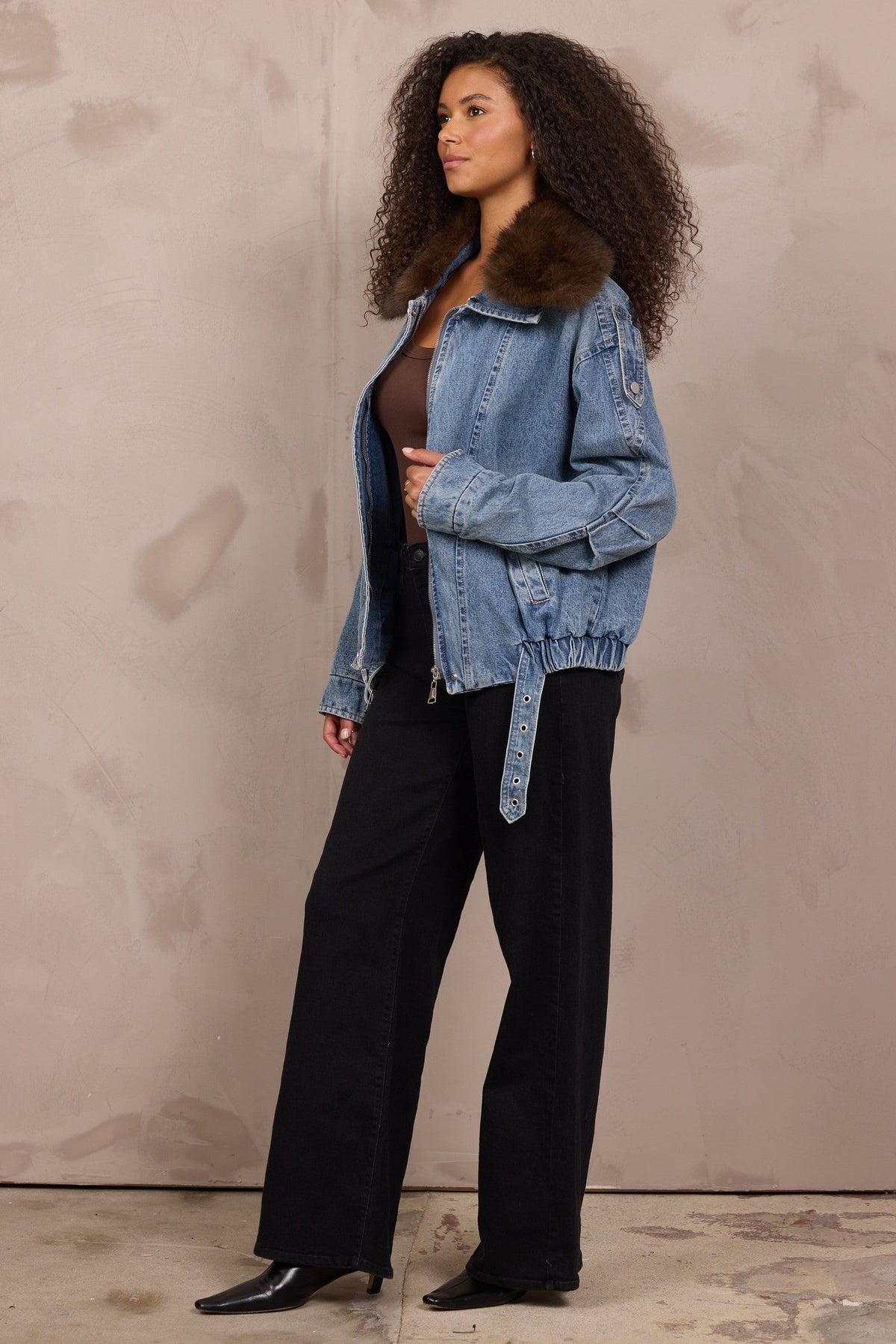 Denim Jacket with Removable Fur Collar