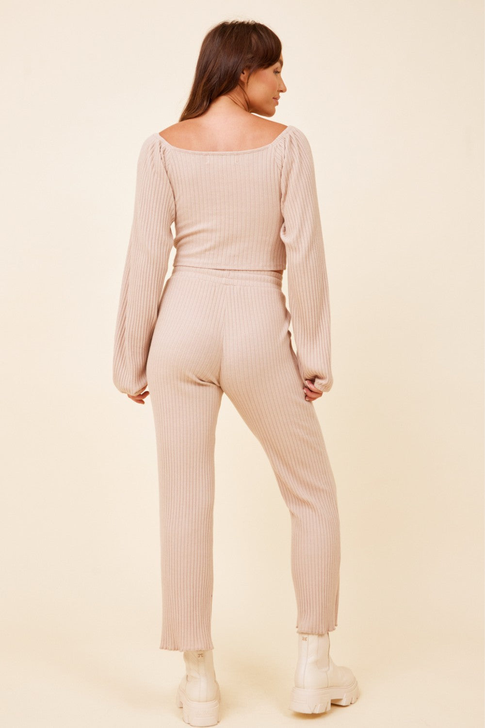 Taupe Double Twist Ribbed Long Sleeve Top