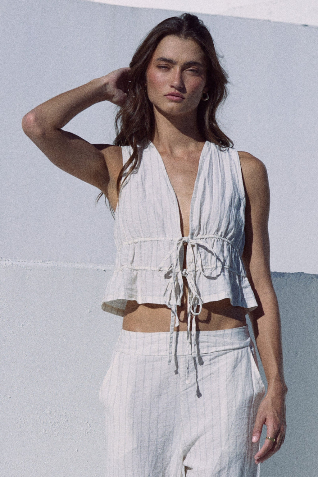 Textured Linen Blend Tie Front Top