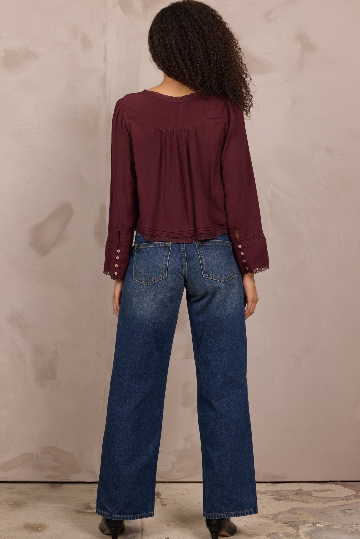Wine Long Sleeve Blouse w/ Lace Detail