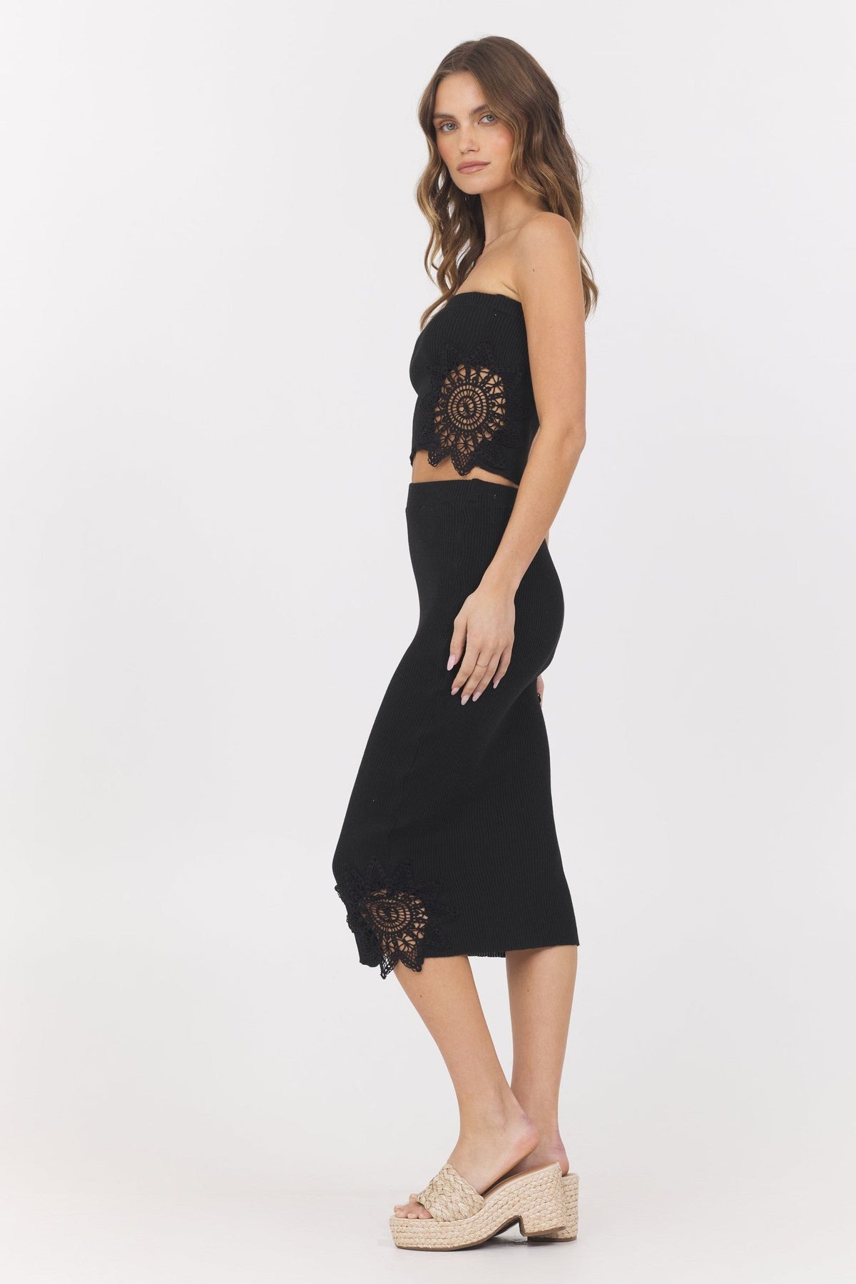 Black Crochet Floral Rib Tube Top